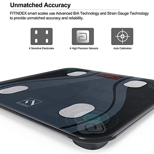 FITINDEX Smart Bluetooth Body Fat Scale with Upgraded App, High Precision Bathroom Scales Digital Weight and Body Fat Body Composition Monitor, 396lb/180kg, Black