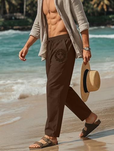 Image of Puimentiua Cotton Linen Pants Men, Summer Beach Pants Loose Fit with Elastic Waist Drawstring