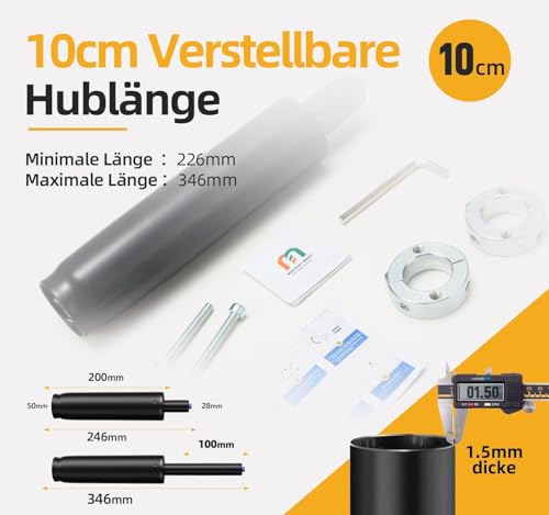 Mastery Mart Gasdruckfeder Zylinder Ersatz, mit 251mm - 346mm Gasdruckfeder für Bürostuhl, Handschuhe, Zylinderentfernungswerkzeug, Zylinderklemmwellen(28mm), Lange Schrauben, L-Schraubenschlüssel