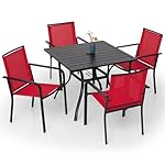 5 Piece Patio Dining Table and Chairs Set of 4 with Outdoor 35 inch Square Table, Red Sling Back Stackable Chairs for 4 Person
