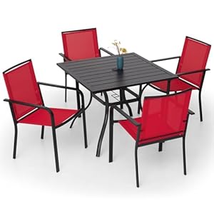5 Piece Patio Dining Table and Chairs Set of 4 with Outdoor 35 inch Square Table, Red Sling Back Stackable Chairs for 4 Person