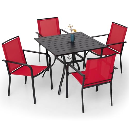 5 Piece Patio Dining Table and Chairs Set of 4 with Outdoor 35 inch Square Table, Red Sling Back Stackable Chairs for 4 Person