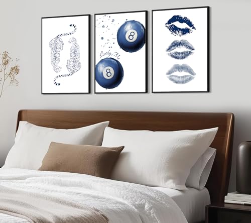 3Pcs Trendy Navy Blue Leopard Wall Art Preppy Y2K Kiss Lips Paintings Pictures Cheetah Wall Decor Vintage Lucky 8 Ball Posters Print for Girl Bedroom Living Room Dorm Offices 16x24in Unframed by UXOCBTAH - Used condition - Image 2