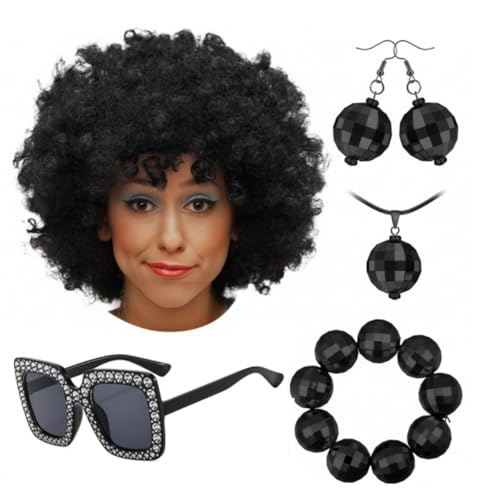 Canlierr 70s Disco Costume Accessories Set for Women Afro Wig Disco Ball Earrings Necklace Bracelet Sunglasses for Halloween Party(Black)