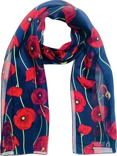 Beautiful Long Poppy Flower Print Satin Stripe Scarf for Remembrance Day - Wrap Stole Neck Accessory (Nyred)