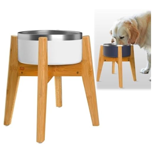Dog Feeder Bowl Stand for Large Dogs - Height 14 inches, Adjustable, Lockable Width 8-11 inches - Pet Food, Water Products and Supplies - Natural Bamboo