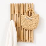 Coral® - Garderobenhaken aus 100% Bambus-Holz mit 14 Haken (klappbar) - Kleiderhaken & Garderobenleiste für die Wand - Wandhaken für Kleidung & Jacken - Garderoben-Paneele & Haken zum Einhängen