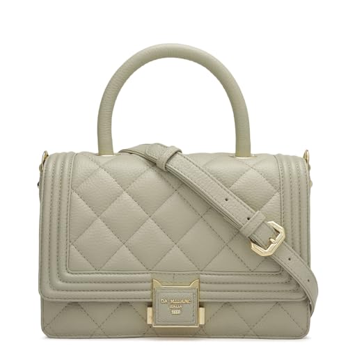 Image of Da Milano Leather Satchel for Women - Khaki | Genuine Leather Handbag with Push Lock, Top Handle & Detachable Strap