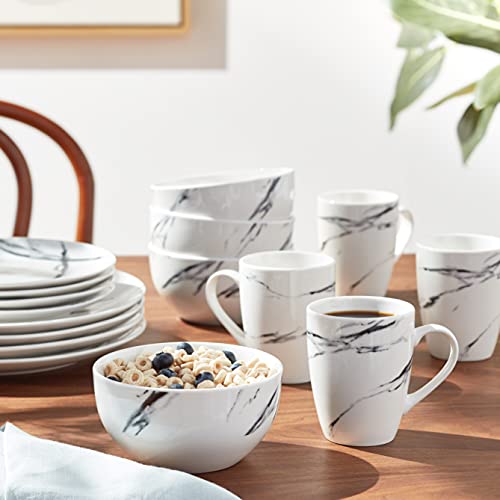 American Atelier Marble Black Coup Casual Round Porcelain Dinnerware Set-16 Piece Party Collection W/ 4 Dinner Salad Plates, 4 Bowls & 4 Mugs, 10.5", White #TOP6