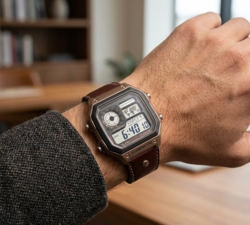 Image of Vintage Watch for Man with Premium Gift Box, Square Dial Digital Watch with World Time Map & Leather Strap, Ideal for Gifting, Unisex Retro Alarm & Chrono Watch for Men and Women