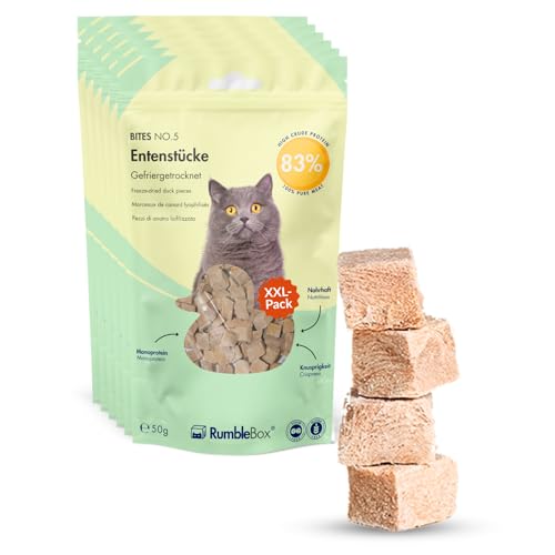 RumbleBox XXL 100% Entenstück Gefriergetrocknete Katzensnacks, Monoprotein Leckerlis ohne Getreide und Zucker für Allergiker, NUR 1 ZUTATEN (Sparbox 6x50g)