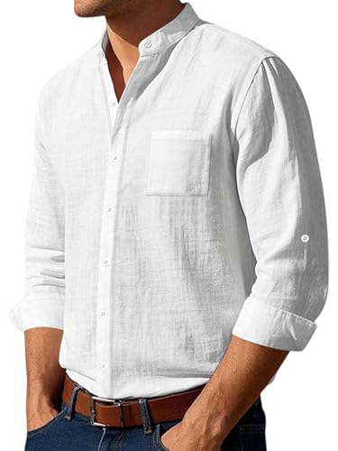 Chemise en lin col mao blanc pour homme avec manches longues premium