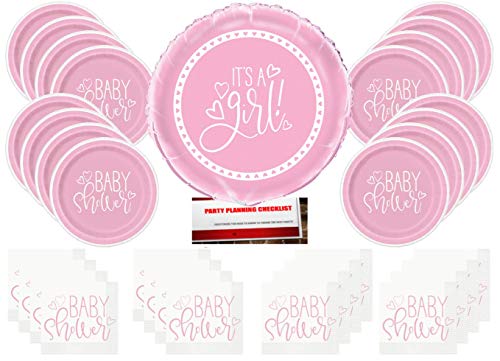 Pink It's a Girl Baby Shower Party Supplies Bundle Pack for 16