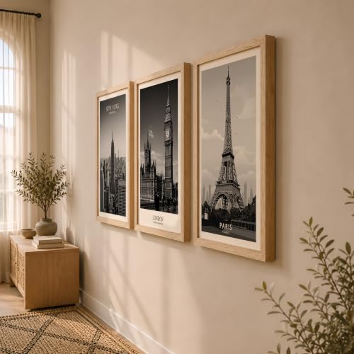 Image of NoWorries Black & White City Wall Art Framed Painting Set of 3 | New York London Paris Skyline Prints with Frame | Modern Minimalist Travel Poster Wall Decor Frames for Living Room, Bedroom and Office | Ready to Hang (Art-1, 17x25inch, Wooden)