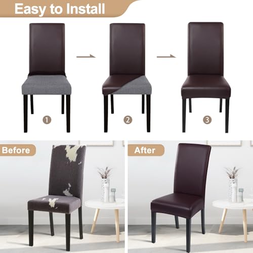 Image of SearchI Waterproof PU Leather Dining Chair Covers, Set of 6, Deep Brown | Stretch, Oilproof, Parsons Chair Slipcovers, Removable Washable, Kitchen Chair Protector for Dining Room, Hotel, Banquet