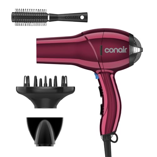 Image of Conair Hair Dryer with Diffuser, Concentrator & Round Brush, Burgundy | 1875W blow dryer for all hair types, includes 2 attachments and a round brush for added volume and defined texture