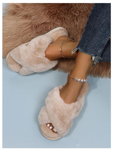 OYOANGLE Women's Cross Band Fuzzy Slippers Furry Open Toe Slip on House Shoes Soft Comfy Slide Slippers4