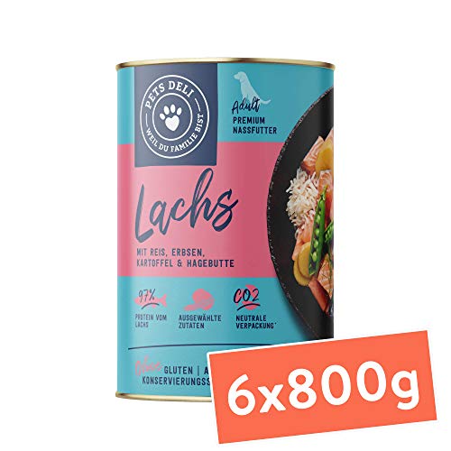 Pets Deli Classic Hunde Nassfutter Lachs, Reis & Kartoffel, leicht verdaulich, mit Omega-3 für Haut & Fell, getreidefrei, ohne Zucker, 6x750 g, Premium Qualität
