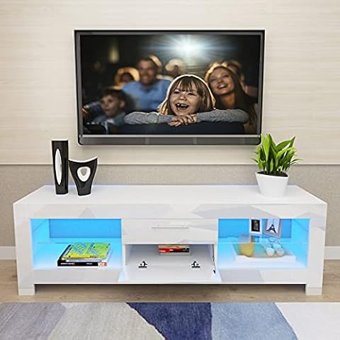 130CM TV Stand Cabinet with 2 Drawers, LED Lights Wooden TV Unit with Shelves Storage, White High Gloss TV Stand Living Room Entertainment Center Media Furniture for 50 Inch TV Cover