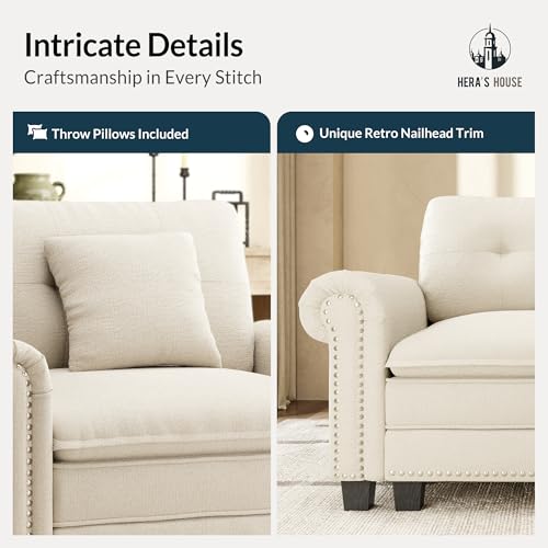 Image of HERA'S HOUSE Modular Sectional Sofa Set for Living Room 3-Piece Deep Seats | Mid-Century Modern 6-Seater Cloud Sofa Set, Cyan, Rolled Arms & Nailhead Trim, Wider & Deeper Seats, Chenille Furniture Set