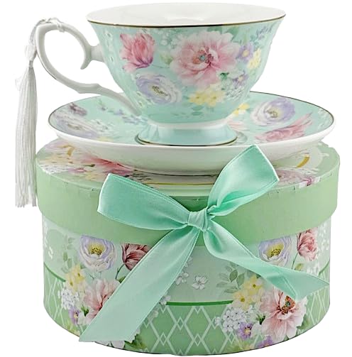 Victorian Floral 5 Inch Vintage Tea Cup, Saucer, Tea Pot Sets with Decorative Gift Box, Choose Garden Pattern (3 Pc Cup Saucer Box, Green Garden)