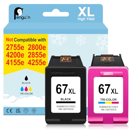67XL for HP Ink 67 Envy 6458e Ink Cartridges Envy 6055e 6455e 6452e 6052 6055 6058 6400e Replacement for HP Printer Ink 67 XL HP67XL HP 67XL Ink Cartridges Black/Color Combo Pack