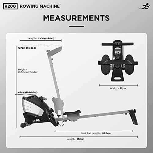 JLL® R200 Luxury Home Rowing Machine, 2023 Model Rowing Machine Fitness Cardio Workout with Adjustable Resistance, Advanced Driving Belt System, 12-Month Warranty, Black and Silver Colour