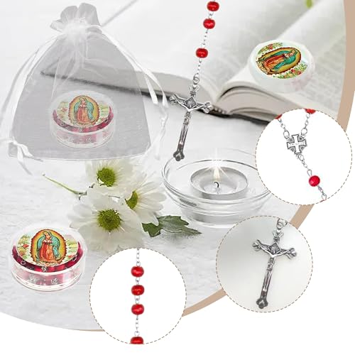 24 Pcs Rose Catholic Rosaries Necklaces,Wooden Beads Rosary Necklace Religious Rosary Jesus Cross Catholic Gifts,Holy Rosaries in Bulk with Organza Bags Gift Gift Boxes for Prayer Men Women3