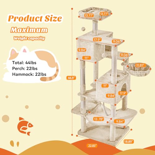 Sweetcrispy 66 Inch Cat Tree Tower, Multi Level Cat Climbing Tower with Natural Sisal Scratching Posts, Hammock, Pet Condo for Indoor Cats and Kittens Play, Beige by Sweetcrispy - Image 6