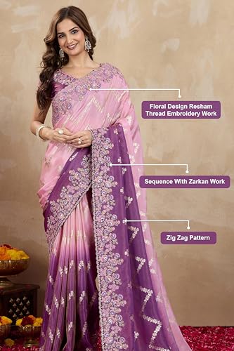 Image of TRENDMALLS Women's Jacquard Silk Embroidery Zarkan Work Saree with Unstitch Blouse Piece