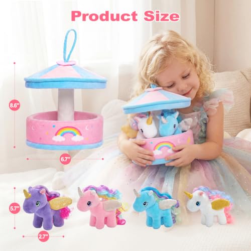 Image of OUOZZZ Unicorn Toys for Girls Stuffed Animals 4 Mini Plushies Playset | Carousel House with Handle, Gift-Ready, Travel- Friendly