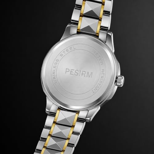 Image of Watch for men,Men's skeletonized quartz watch with black and gold two-tone stainless steel case, analog display, date display, water-resistant, luminous display, men's waterproof quartz watch. (Black dial and silver strap)