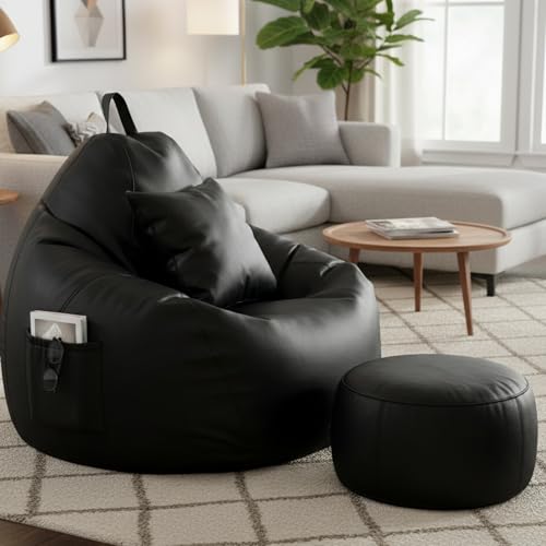 Image of KAM'S LIEU Bean Bag Chair with Footrest & Cushion | Pre-Filled Beans | PVC Leatherette Lounger Sofa | Indoor & Outdoor Bean Bag | 6 Months Warranty Size & Color- (Black, XXXXXL, Premium)