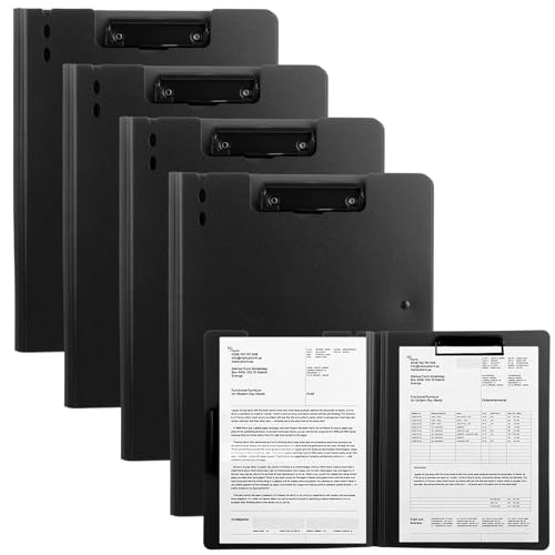 ASelected Clip Boards A4 with Cover Pack of 4 Black Folding Clipboard A4 Foldover ClipBoard Folder with Cover File Document Organiser for Nurses School Office Business Supply