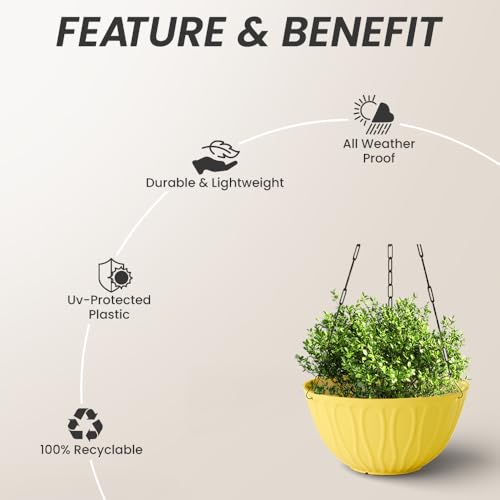 Image of YUCCABE ITALIA SHERA Hanging Wave 8 Inch Plastic Flower Pot for Plant Pack of 6 Pcs Round Shape Hanging Pot for Balcony Railing Planters for Indoor and Outdoor Garden (Yellow)