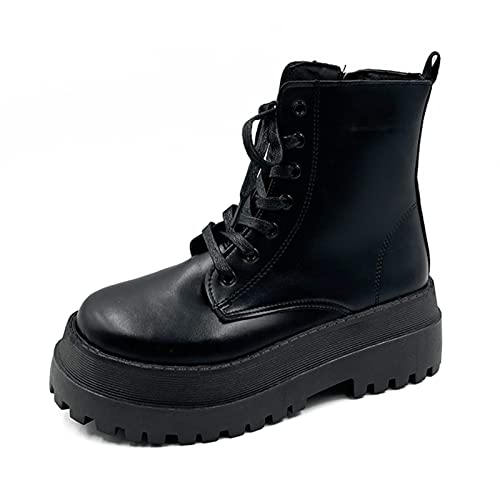 ZXCN Moda Mid-Becerro Botas Mujeres Tacones Gruesos Zapatos de Plataforma Damas Cruzadas atadas...