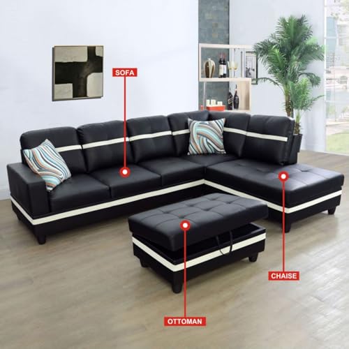 Image of L-Shaped 3-Piece Semi PU Synthetic Leather Sofa with Storage Ottoman Set, Sectional Couch Sofa Set for Living Room, Office, Small Space, Black and White