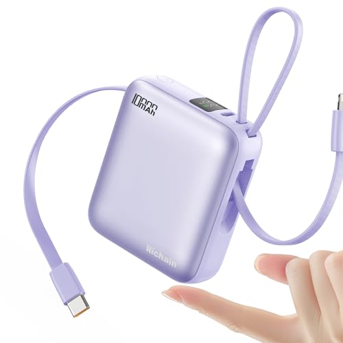 Hichain Small Portable Charger with Built in Cables LED Display, Mini Power Bank 10000mAh 22.5W USB-C Fast Charging Battery Pack, Travel Essential Power Bank for iPhone, iPad, Samsung, Android Purple