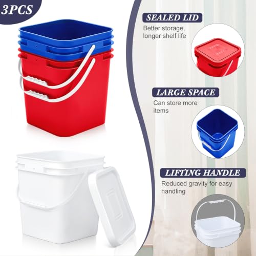 Image of Mumufy 3 Pcs 3.5 Gallon Square Food Grade Bucket with Lid Square Bucket Pail Plastic Handles for Long Term Food Storage, Camping, Fishing, Home Organization Easy Stack and Store (White,Red,Blue)