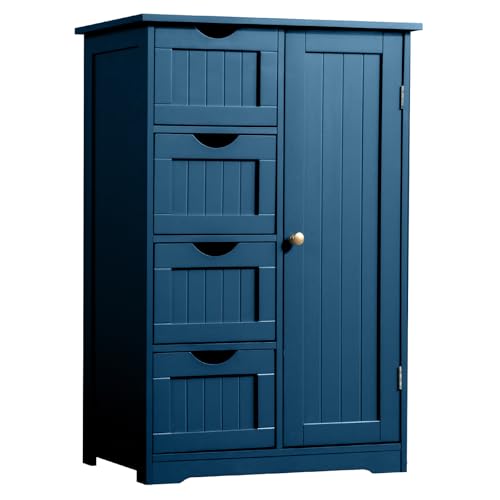 Karl home Freestanding Bathroom Floor Cabinet, Narrow Slim Skinny Storage Unit with 4 Drawers & 1 Cupboard, Towel Organizer for Bathroom, Compact Bath Storage, Navy Blue