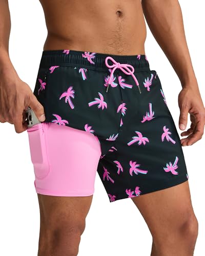 maamgic Mens Swim Trunks with Compression Liner 5" Stretch Beach Shorts Quick Dry with Zipper Pockets No-Chafing Board Shorts