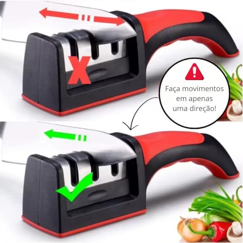 Amolador e afiador manual de facas e tesouras 3 afiações profissionais: restaurar o corte e afiar lâ