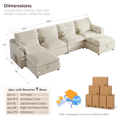 Image of WorthFurni Modern Modular Sectional Sofa,134 inch U Shape Sectional Cloud Couch with Storage Ottoman,Comfty 6 Seat Sofa for Living Room,Beige Chenille