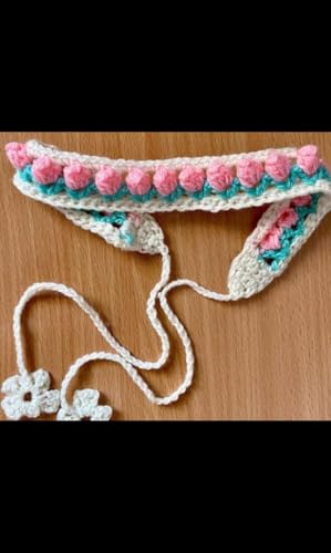 Handmade Crochet Headband, Pink and Turquoise Rosette Pattern, White Cotton Tie Band with Floral Details pack of 2