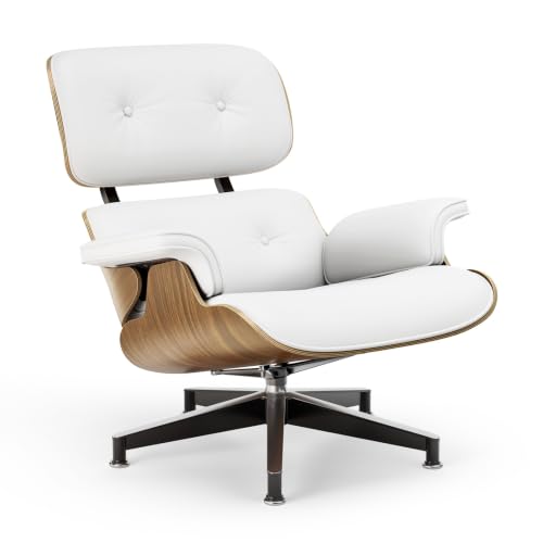 Image of Top White PU Leather, Mid Century Chaise Lounge Chair and Ottoman, Modern Chair Classic Design, Walnut Wood, Heavy Duty Base Support for Living Room Office