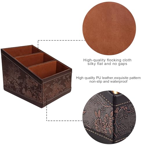RHCSZ PU Leather TV Remote Control Holder with 3 Compartments,Nightstand Caddy Organizer,Storage Rack,Storage Box,Media Accessory Storage,Desk Organizers (Brown (Retro))
