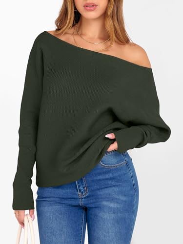 Image of ANRABESS Womens Off Shoulder Sweaters 2026 Fall Long Batwing Sleeve Loose Fit Knit Tops Casual Pullovers Jumpers