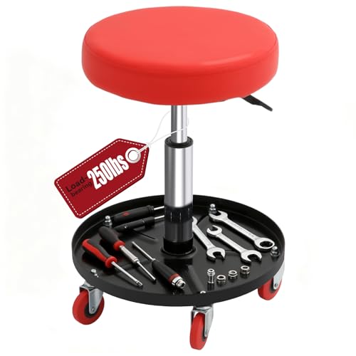 Mechanic Stool Adjustable Height Rolling Workshop Stool 250lbs Capacity Garage Shop Stool with 5 Swivel Casters Waterproof Padded Seat & Tool Tray for Automotive Repair Home DIY Workshop Use