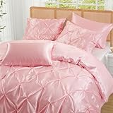 P Pothuiny 5 Pieces Satin Pintuck Duvet Cover Set, Silky Like Blush Pink Pinch Pleat Duvet Cover Full/Queen Size Luxury Bedding Set with Corner Ties, 2 Pillow Shams + 2 Pillowcases (No Comforter)