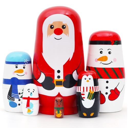 6 Pcs Christmas Nesting Dolls Set, Santa Claus Snowman Penguin Reindeer Matryoshka Russian Wooden Handmade Stacking Dolls for Kids Toy Birthday Xmas...